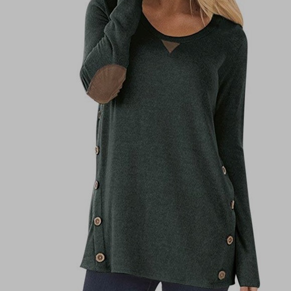 Tops - Green Long-Sleeve Elbow Patch Tunic